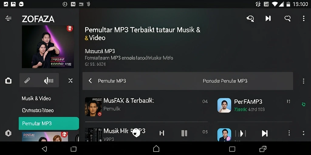 Antarmuka ZOFAZA menampilkan pemutar musik sederhana dan elegan.