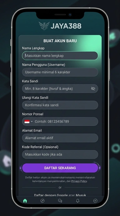Tampilan halaman daftar jaya388